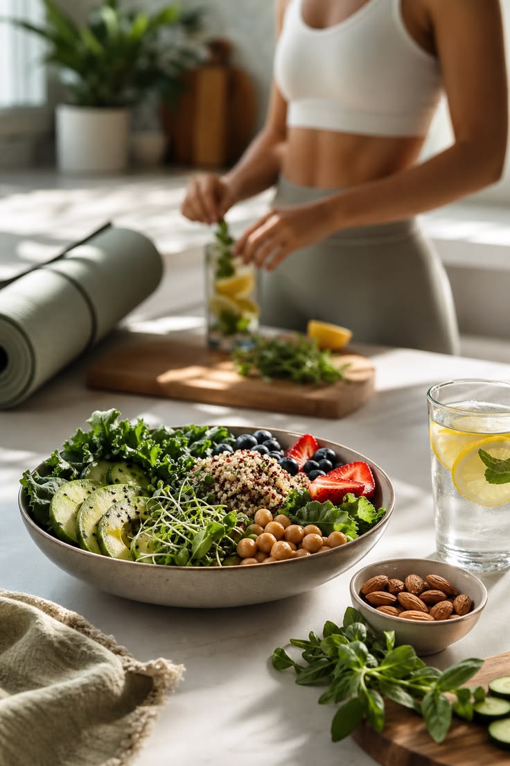 Aydınlık bir mutfakta renkli bir salata kâsesi, limonlu su ve yoga matı; arkada spor kıyafetli bir kadın içecek hazırlıyor